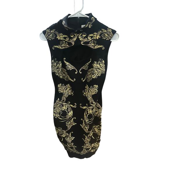Cache Black & Gold Baroque High-Neck Sleeveless Bodycon Dress – Size 4 - Picture 1 of 5